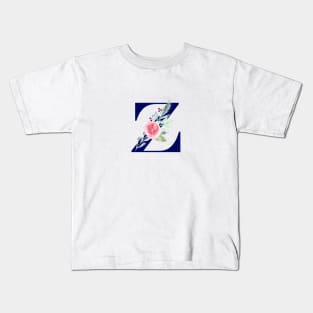 Watercolor Floral Letter Z in Navy Kids T-Shirt